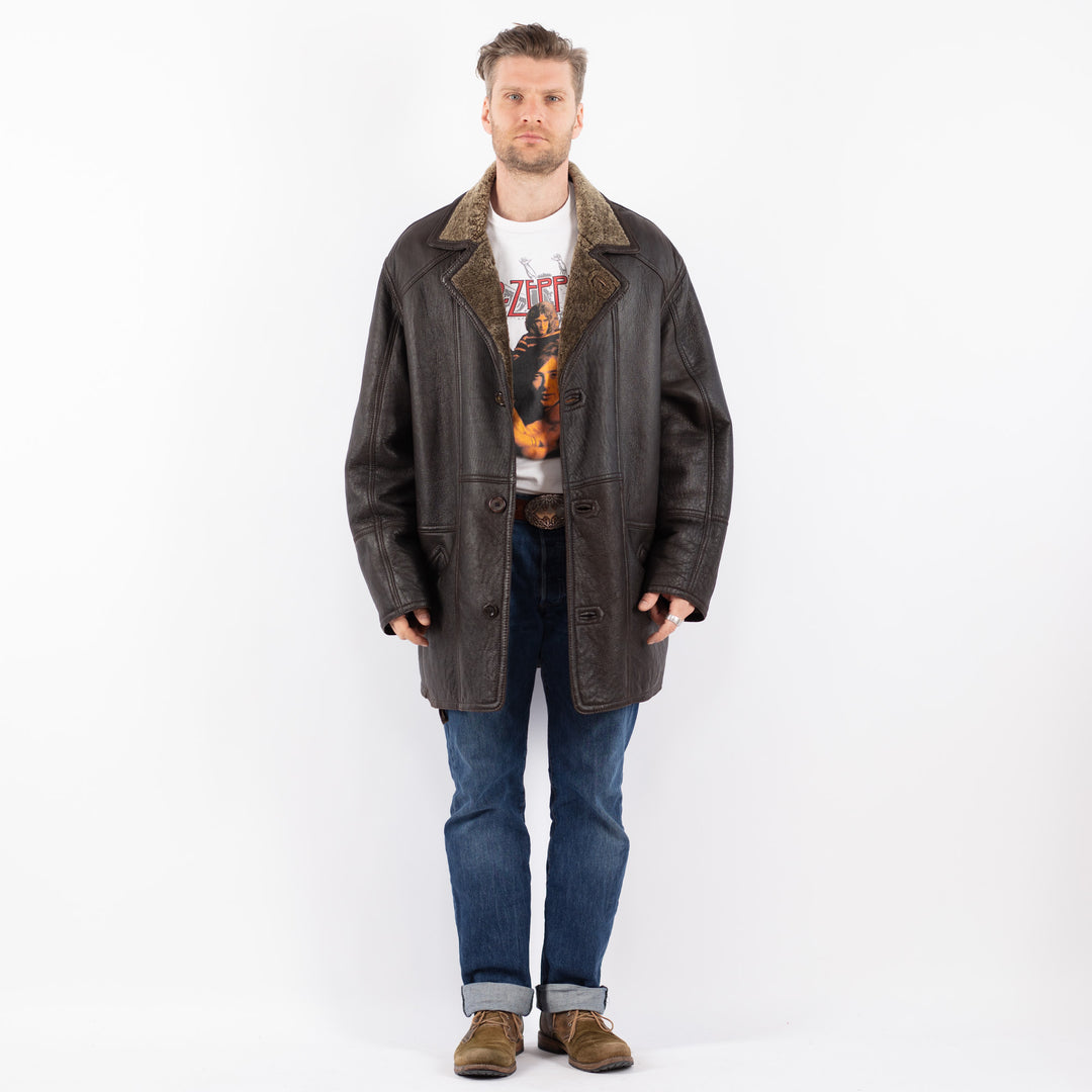 Vintage 90's Men Sheepskin Shearling Coat in BrownZ1556