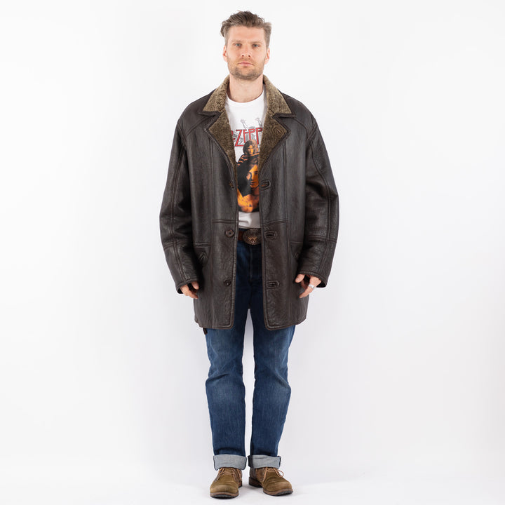 Vintage 90's Men Sheepskin Shearling Coat in BrownZ1556