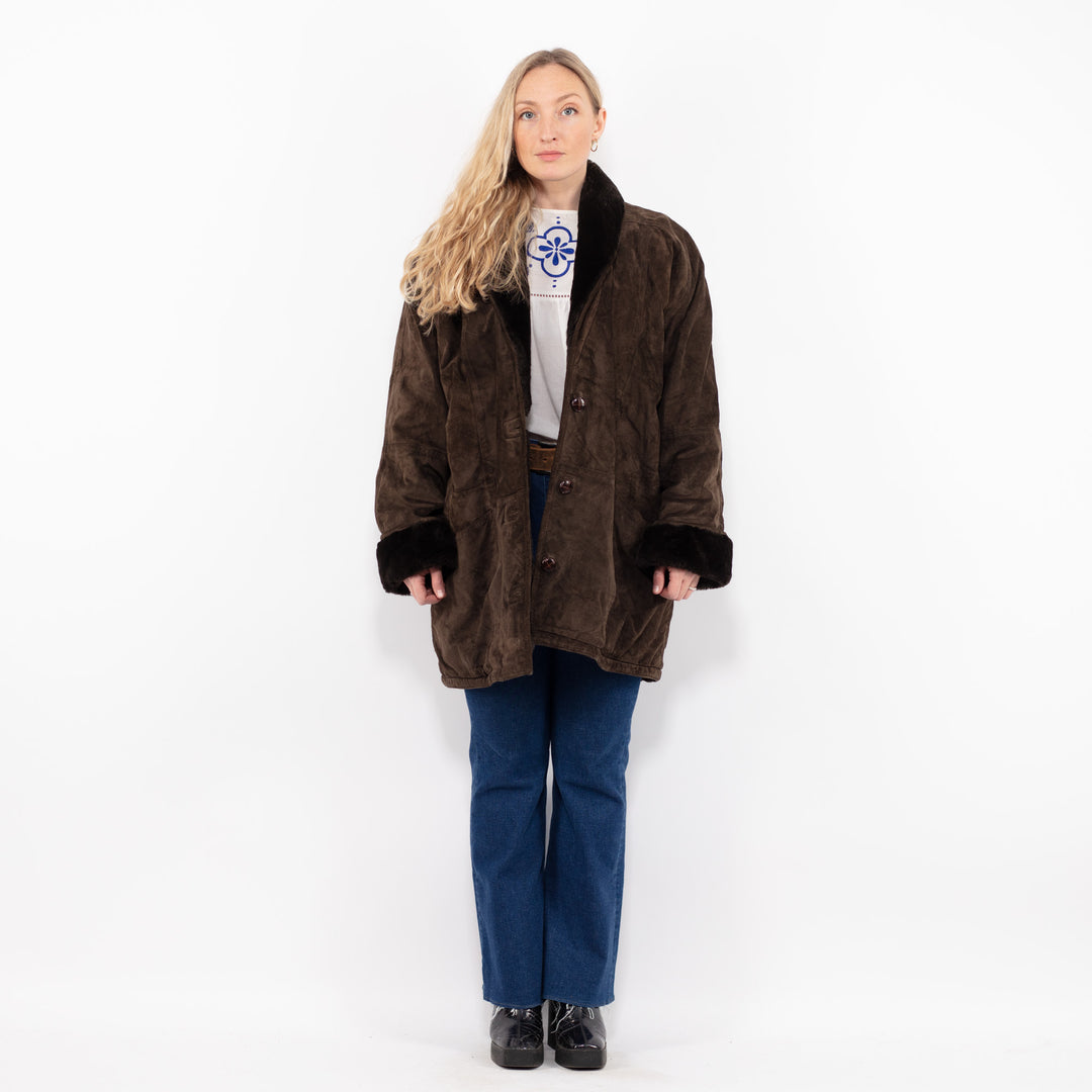 Vintage 90's Women Suede Sherpa Coat in BrownA1072