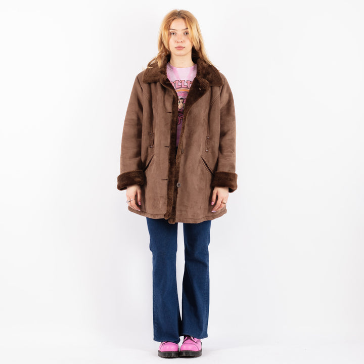 Vintage 90's Women Faux Sheepskin Coat in BrownV9590