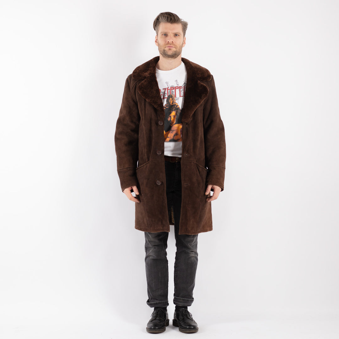 Vintage 70's Men Sheepskin Shearling Coat in Brown