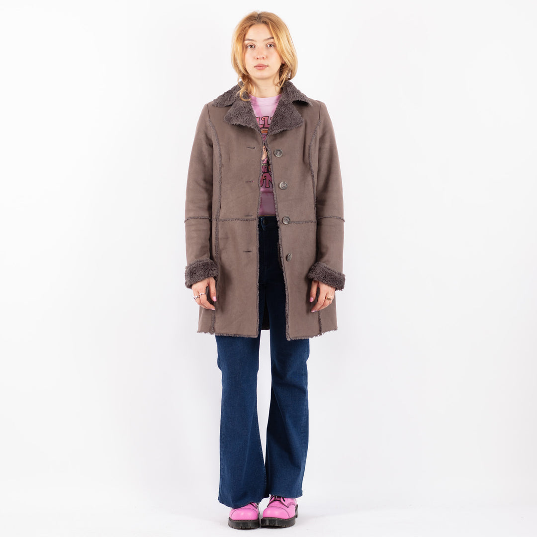 Vintage 90's Women Faux Sheepskin Coat in GrayV9591
