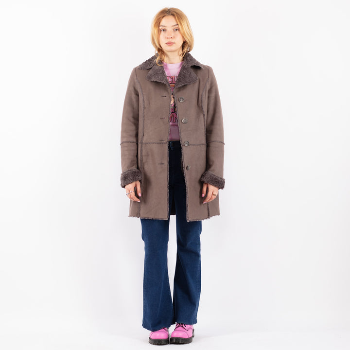 Vintage 90's Women Faux Sheepskin Coat in GrayV9591