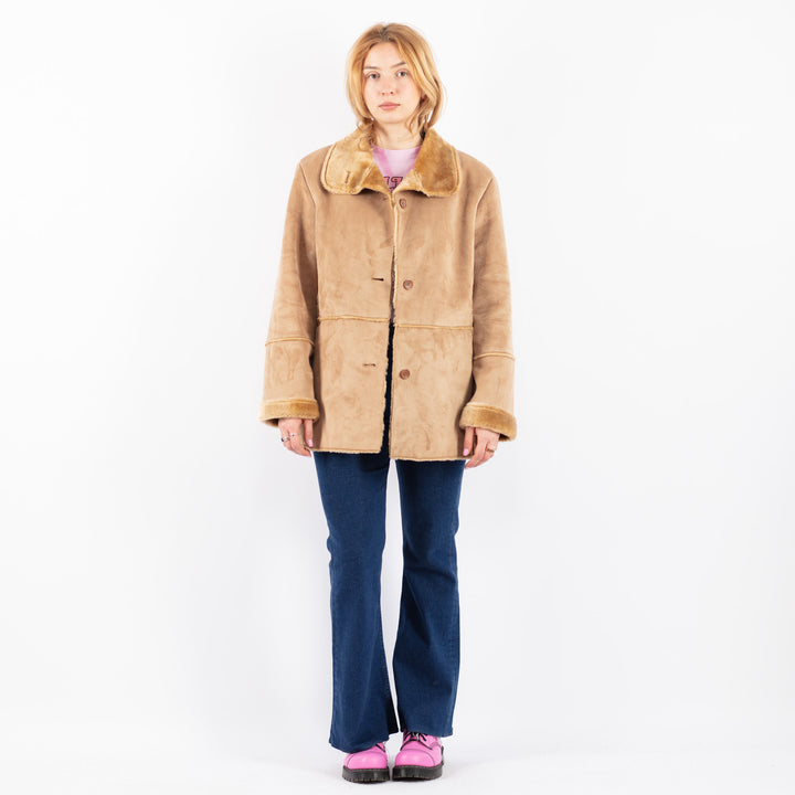 Vintage 90's Women Faux Sheepskin Coat in BeigeV9593