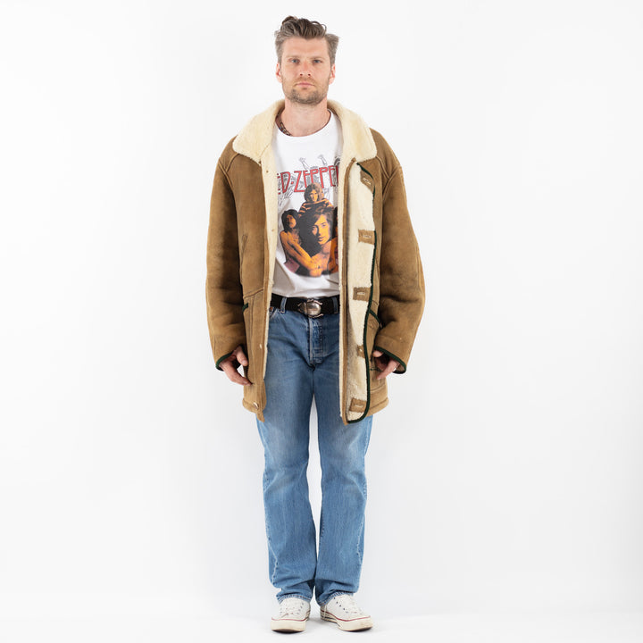 Vintage 80's Men Sheepskin Shearling Coat in BeigeZ1795