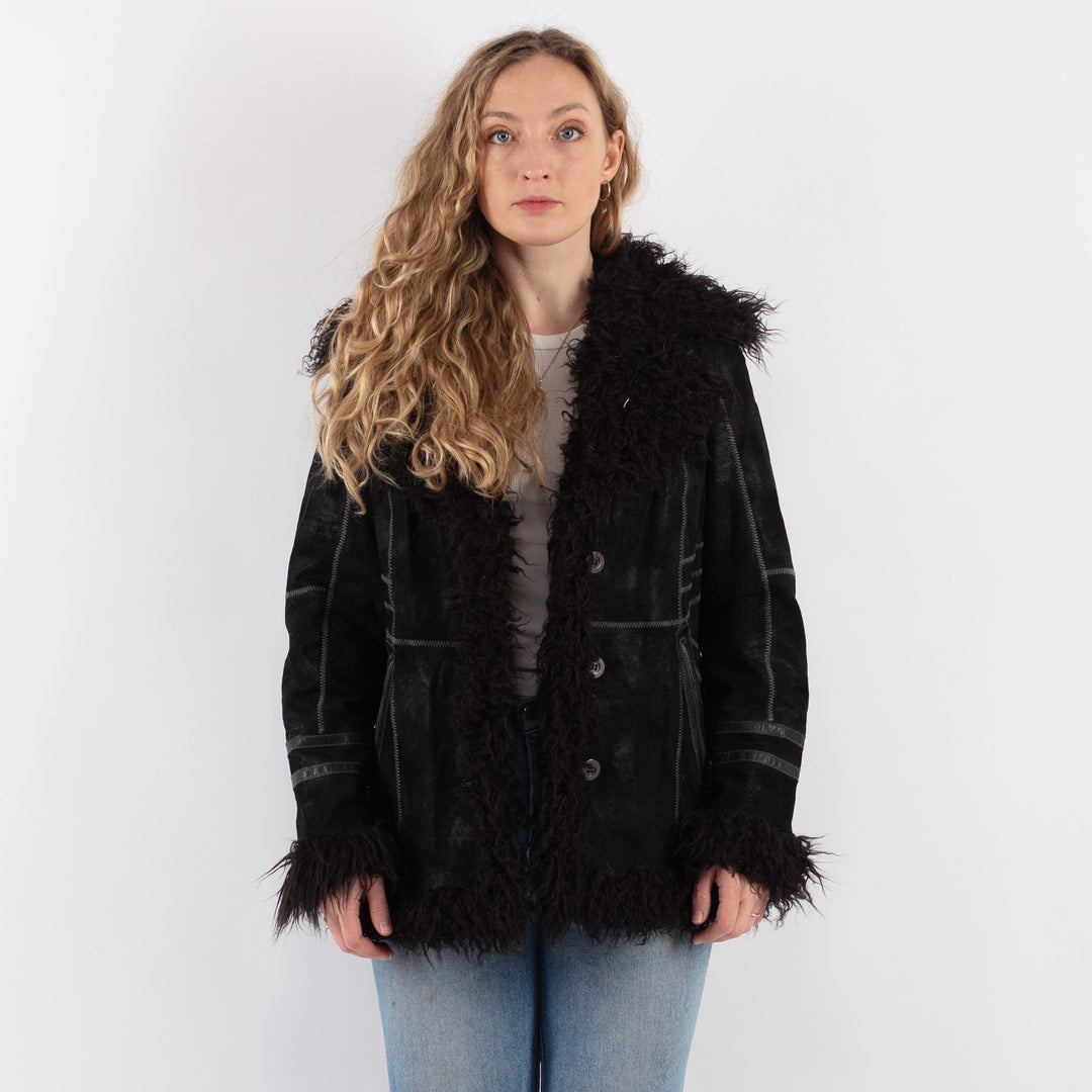 Vintage 90's Women Suede Sherpa Jacket in Black