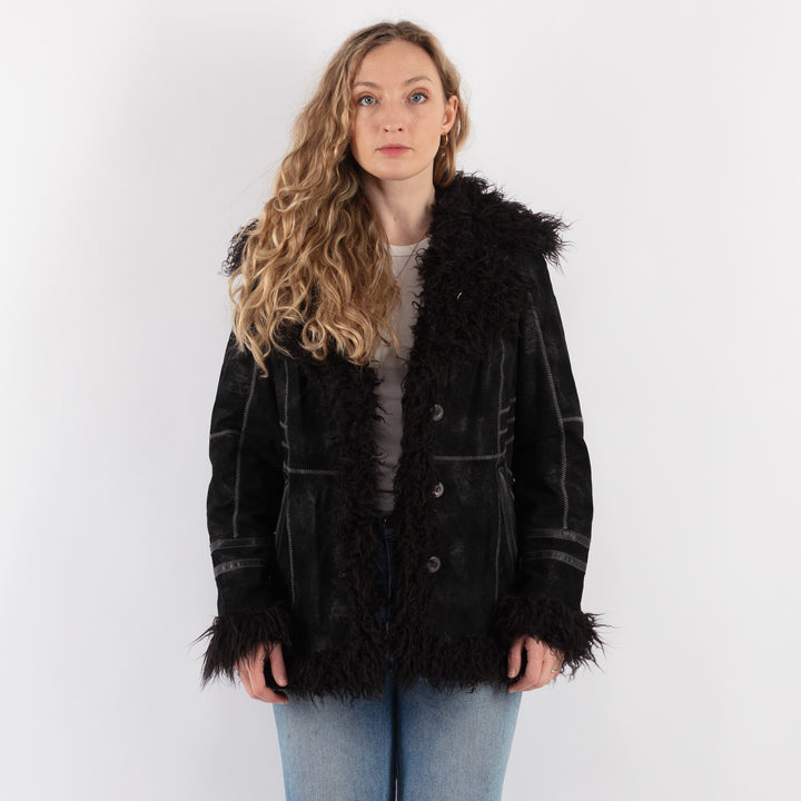 Vintage 90's Women Suede Sherpa Jacket in Black