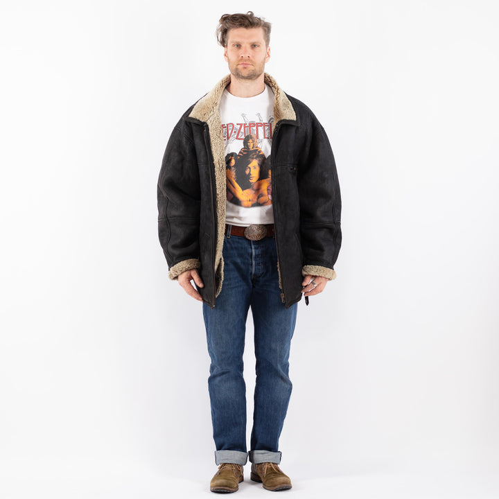 Vintage 90's Men Sheepskin Shearling Coat in BlackZ1569