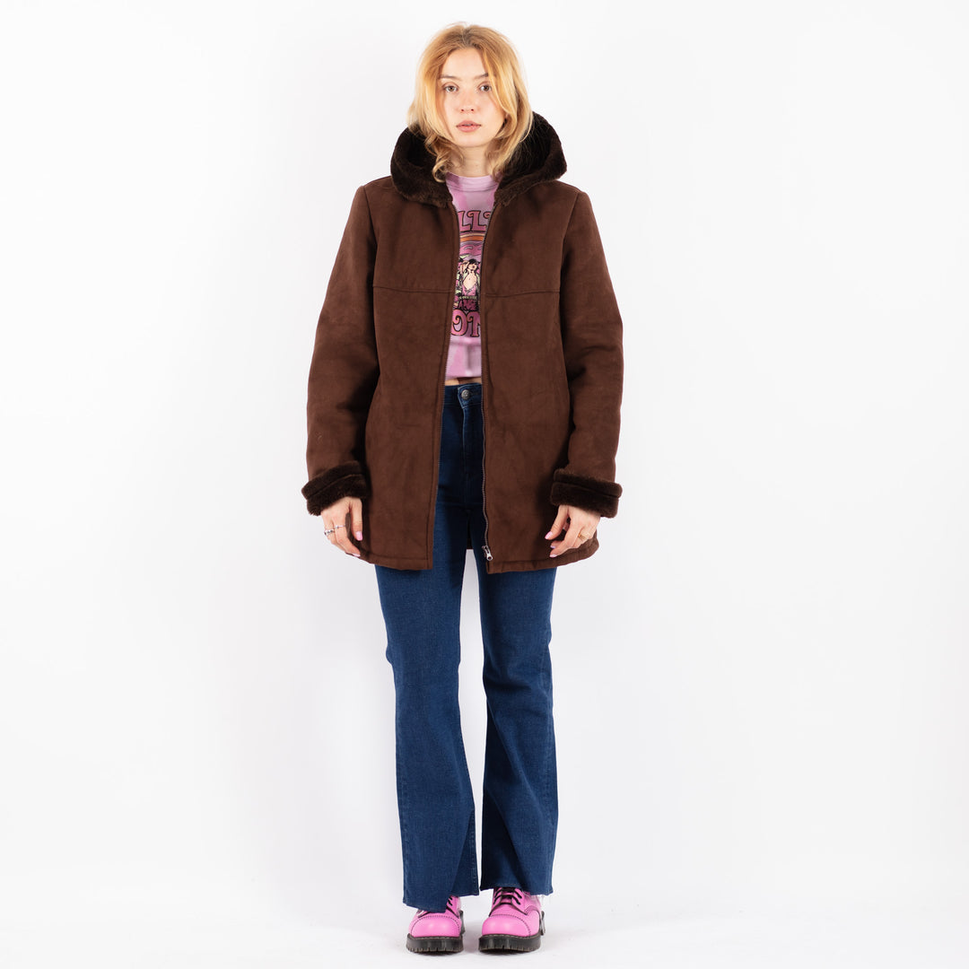 Vintage 90's Women Faux Sheepskin Coat in BrownV9600