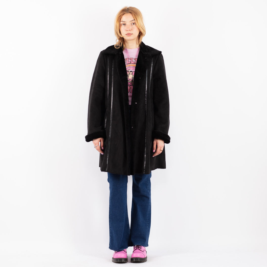 Vintage Women Faux Sheepskin Coat in BlackV9601