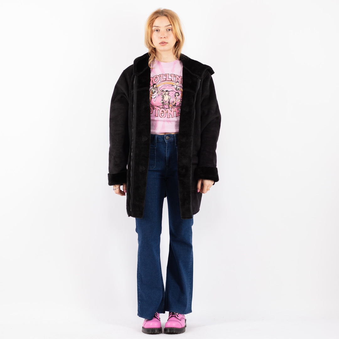 Vintage 90's Women Faux Sheepskin Coat in BlackV9602
