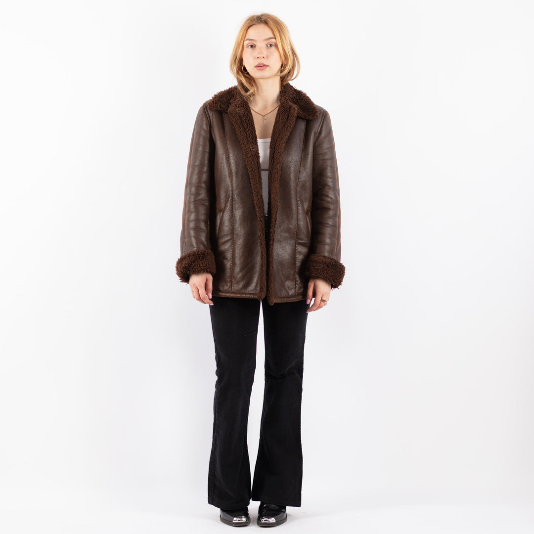 Vintage 90's Women Faux Sheepskin Coat in BrownV9705