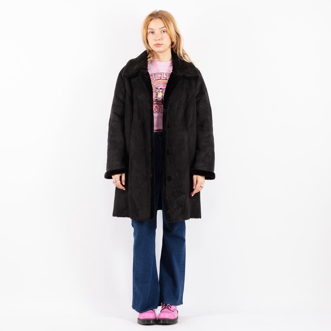 Vintage 90's Women Faux Sheepskin Coat in BlackV9606