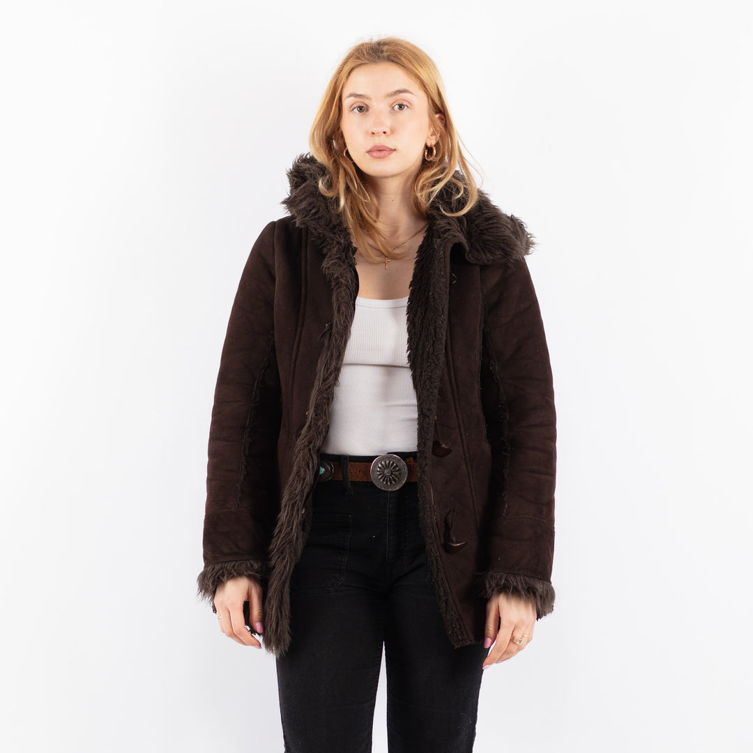 Vintage 90's Women Faux Sheepskin Coat in BrownV9709