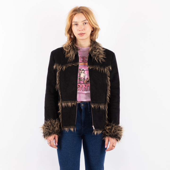 Vintage 90's Women Faux Sheepskin Jacket in BlackV9608