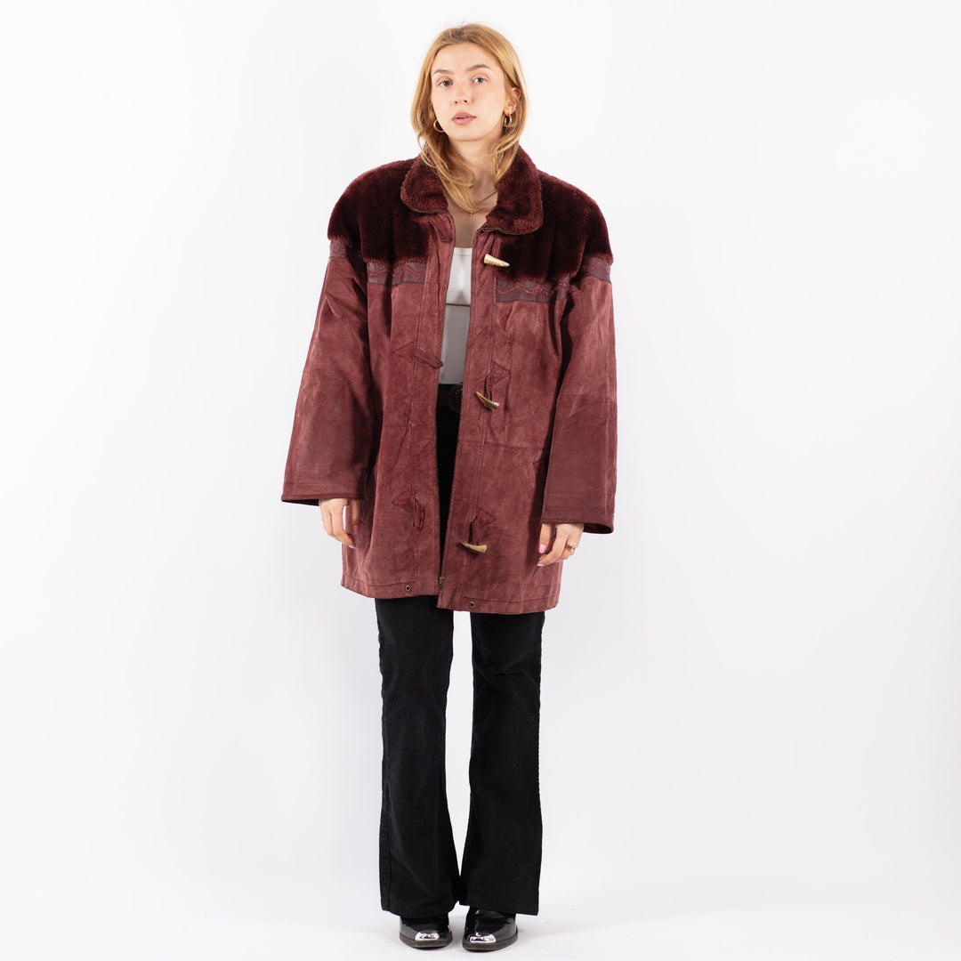 Vintage 80's Women Suede Sherpa Coat in RedV9710