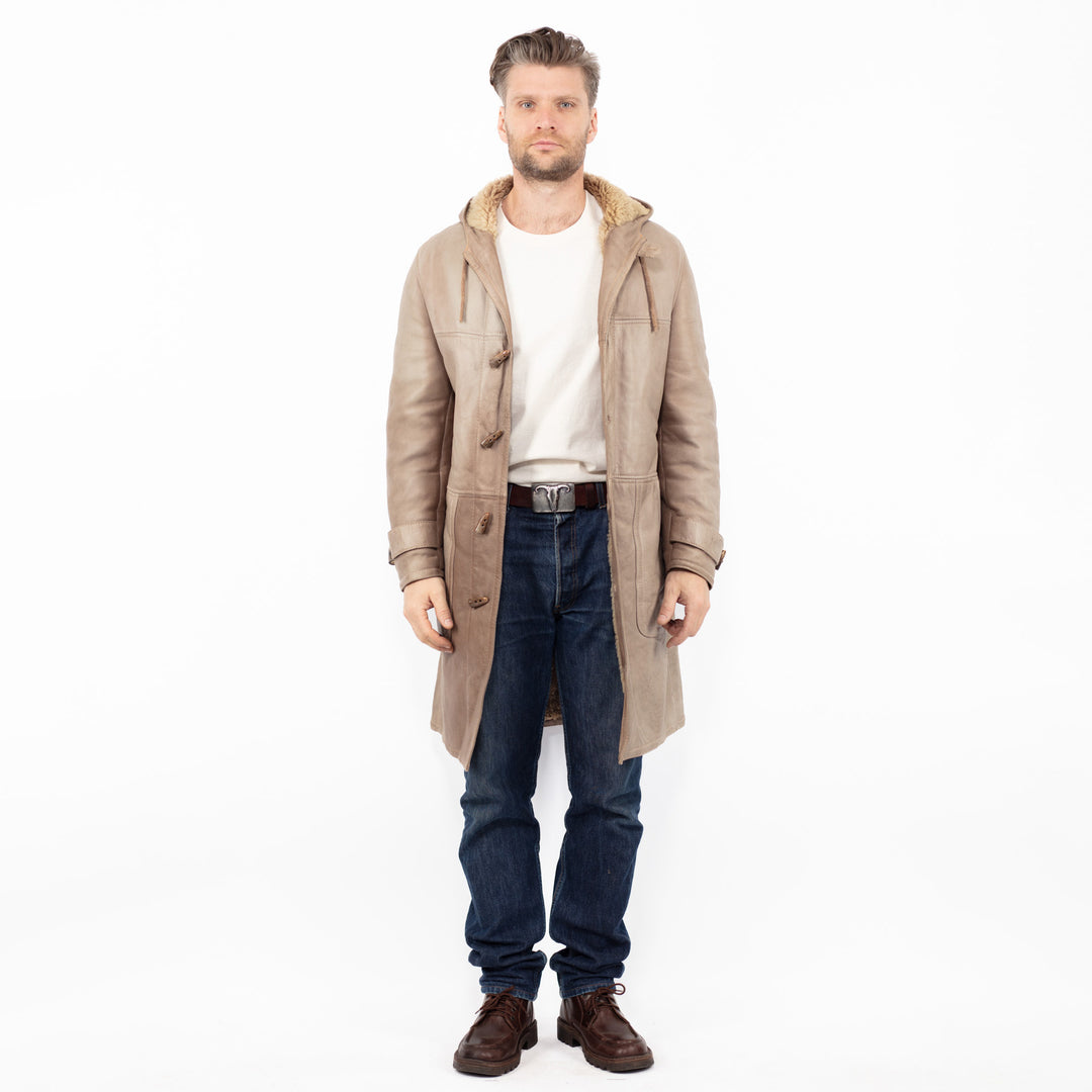 Vintage 90's Men Hooded Sheepskin Coat in Beige