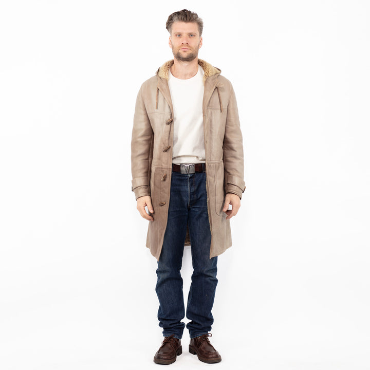 Vintage 90's Men Hooded Sheepskin Coat in Beige