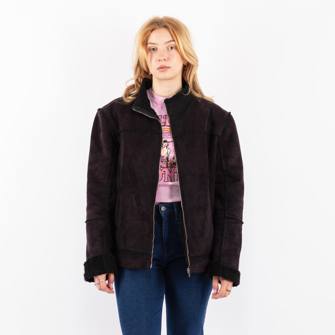 Vintage 90's Women Faux Sheepskin Jacket in BlackV9612