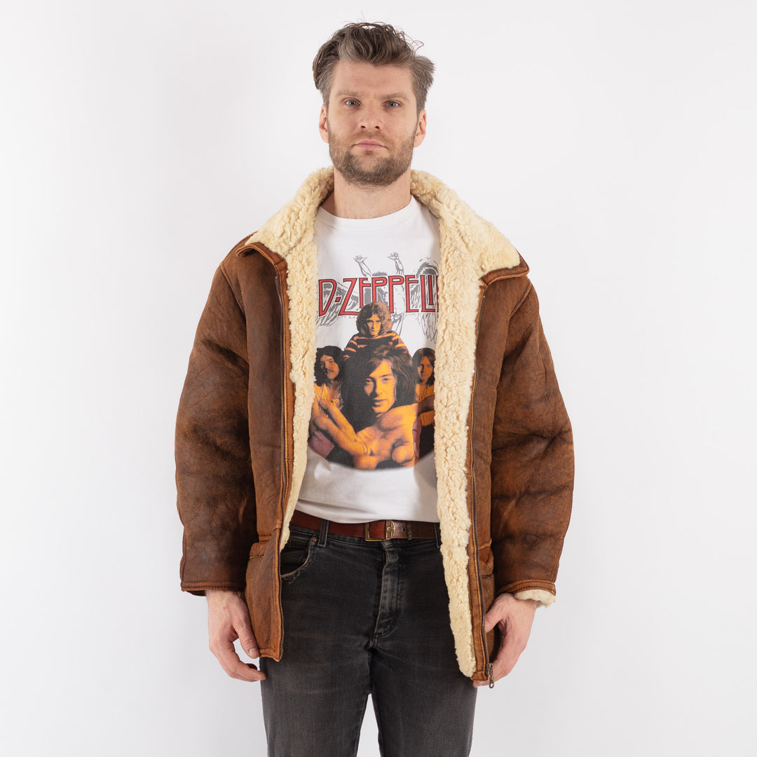 Vintage 80's Men Sheepskin Shearling Coat in BrownZ586