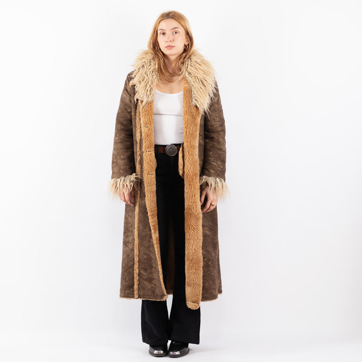 Vintage 90's Women Faux Sheepskin Coat in BrownV9714