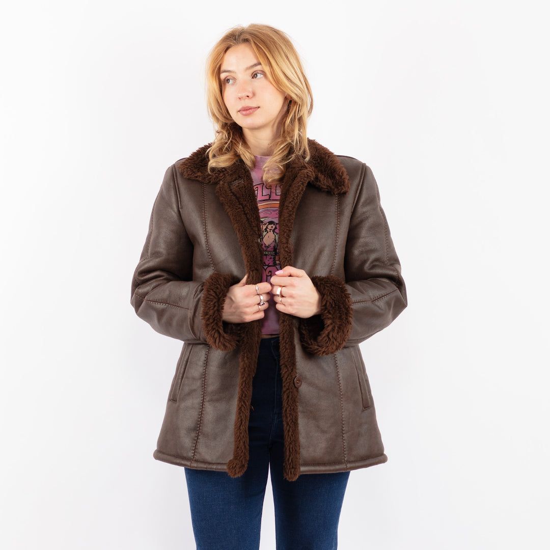 Vintage 90's Women Faux Sheepskin Coat in BrownV9615