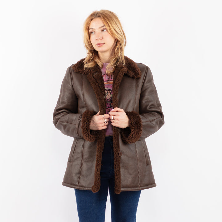Vintage 90's Women Faux Sheepskin Coat in BrownV9615