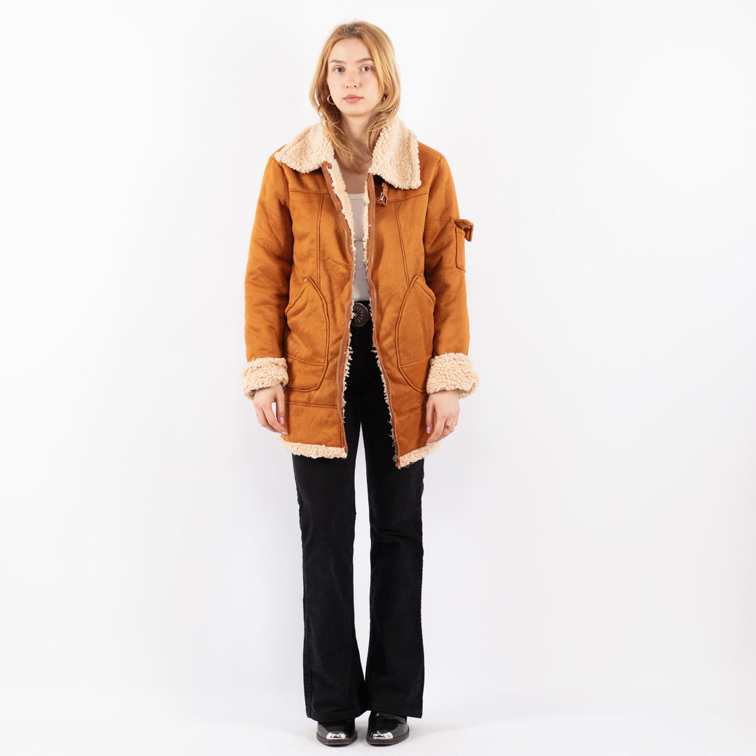 Vintage 90's Women Faux Sheepskin Coat in BrownV9717
