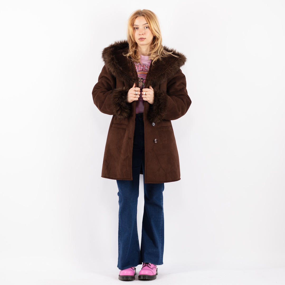 Vintage 90's Women Faux Sheepskin Coat in BrownV9616