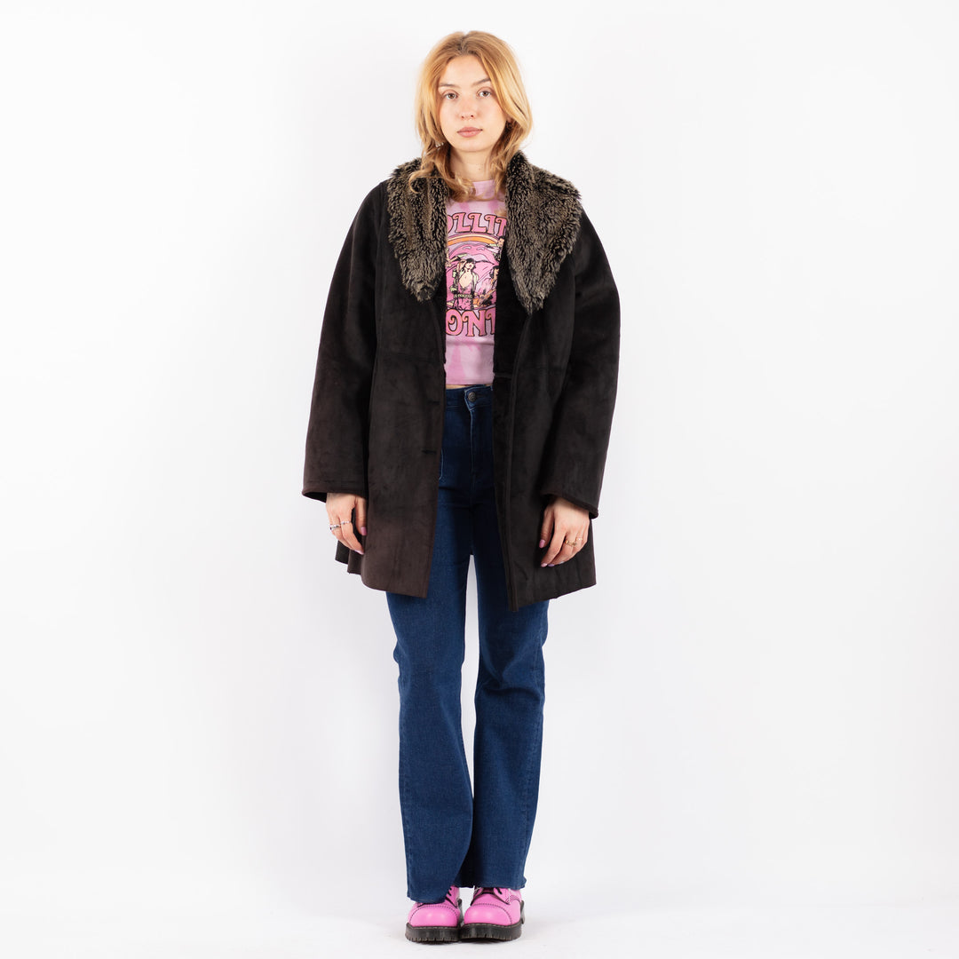 Vintage 90's Women Faux Sheepskin Coat in BlackV9617