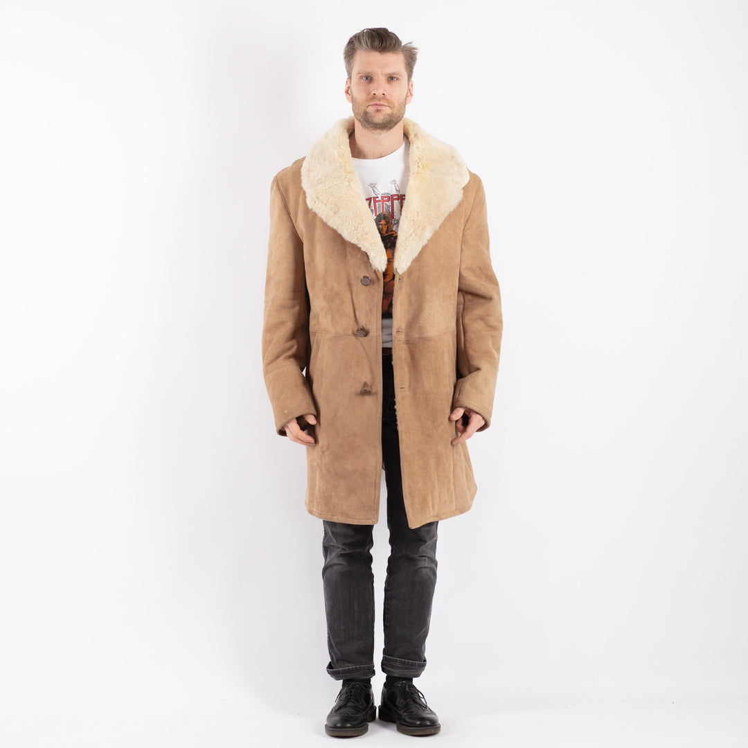 Vintage 70's Men Sheepskin Shearling Coat in Beige - NorthernGrip