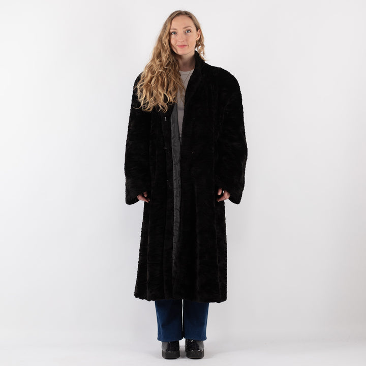 Vintage 80's Women Faux Sheepskin Coat in BlackV9420