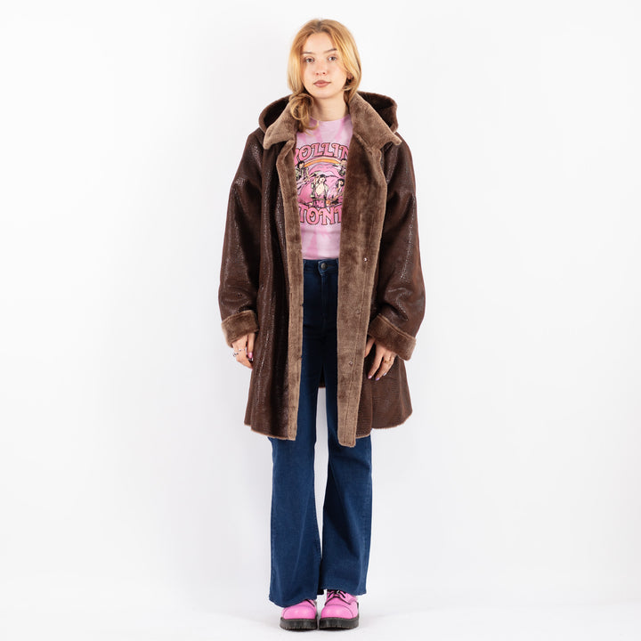 Vintage 90's Women Faux Sheepskin Coat in BrownV9622