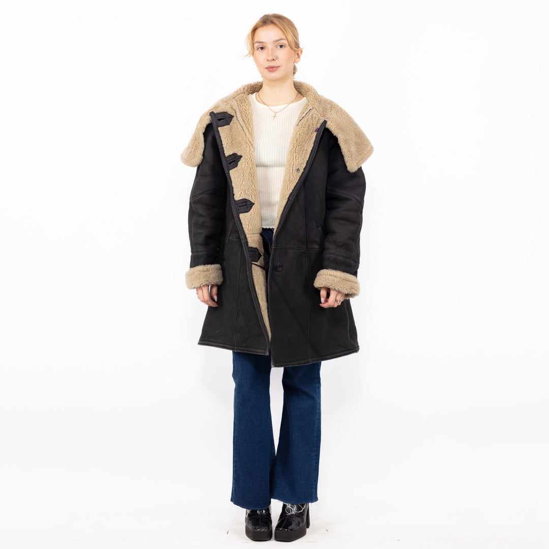 Vintage 90's Women Oversized Faux Sheepskin Coat in Black