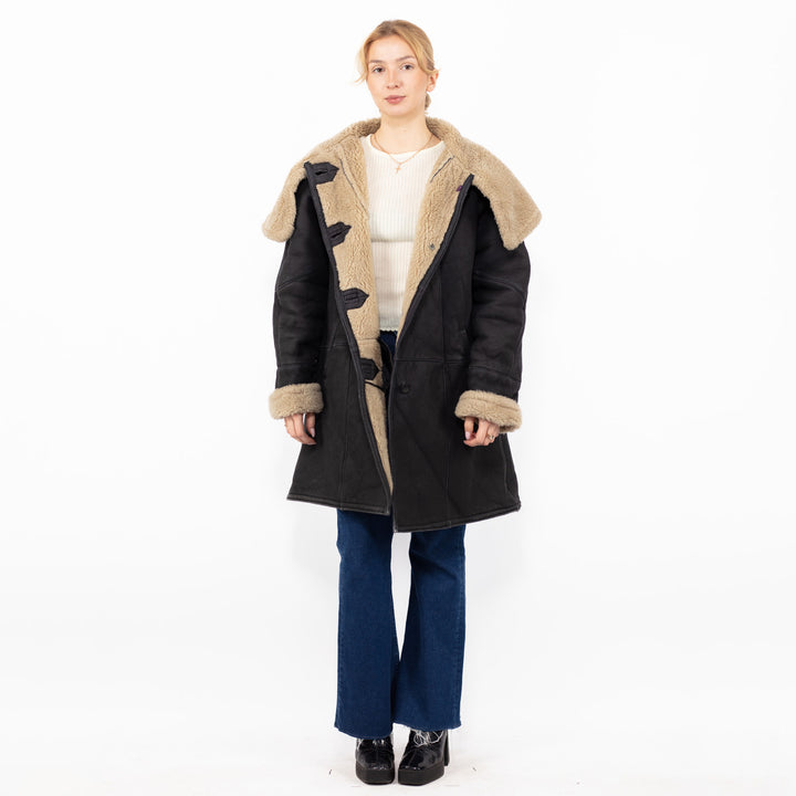 Vintage 90's Women Oversized Faux Sheepskin Coat in Black