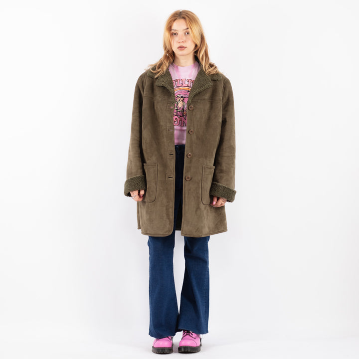 Vintage 90's Women Faux Sheepskin Coat in GreenV9630