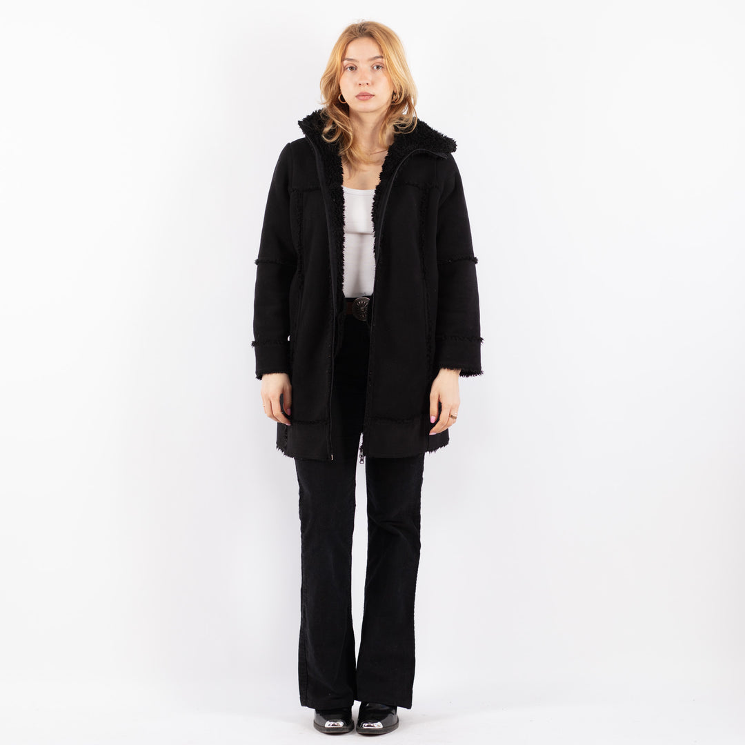 Vintage 90's Women Faux Sheepskin Coat in BlackV9733