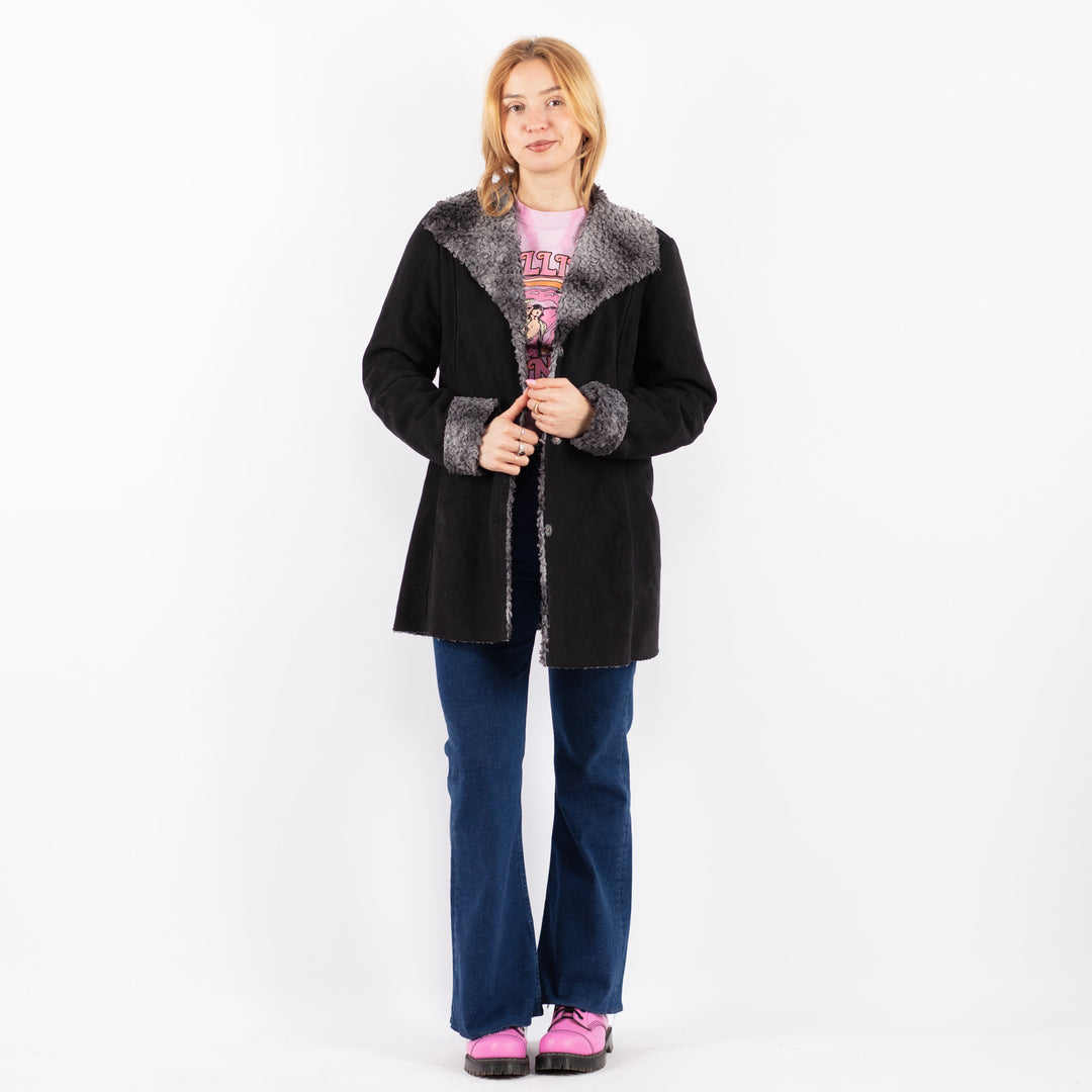 Vintage 90's Women Faux Sheepskin Coat in BlackV9631