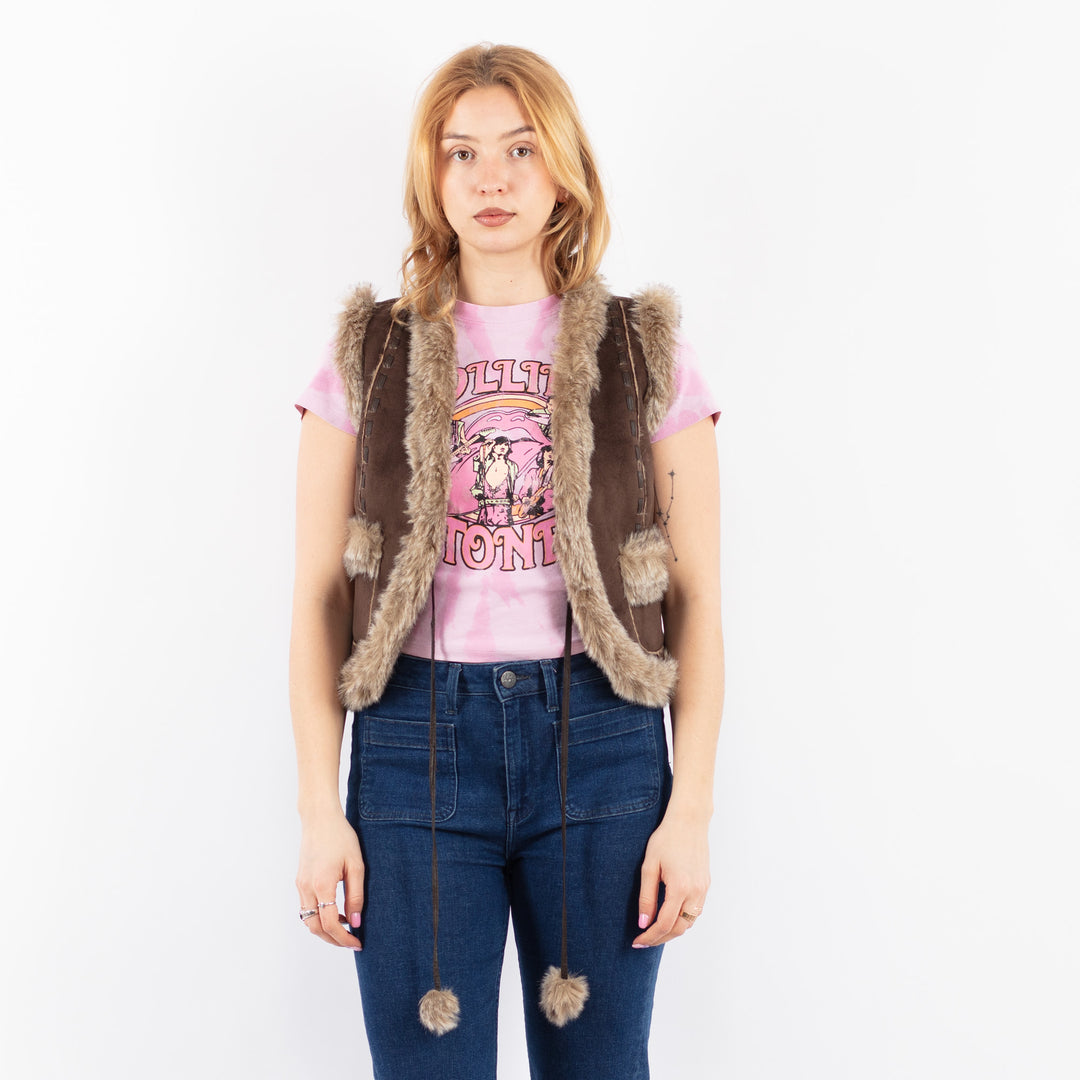 Vintage 90's Women Faux Sheepskin Vest in BrownV9633