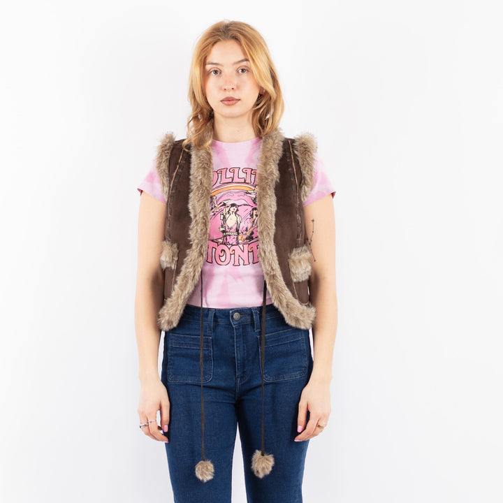 Vintage 90's Women Faux Sheepskin Vest in BrownV9633