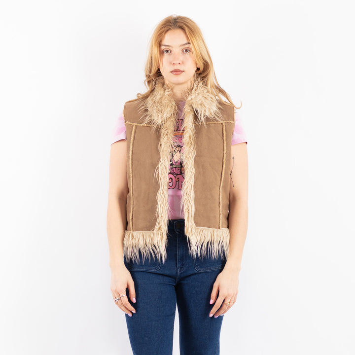 Vintage 90's Women Faux Sheepskin Vest in BeigeV9636