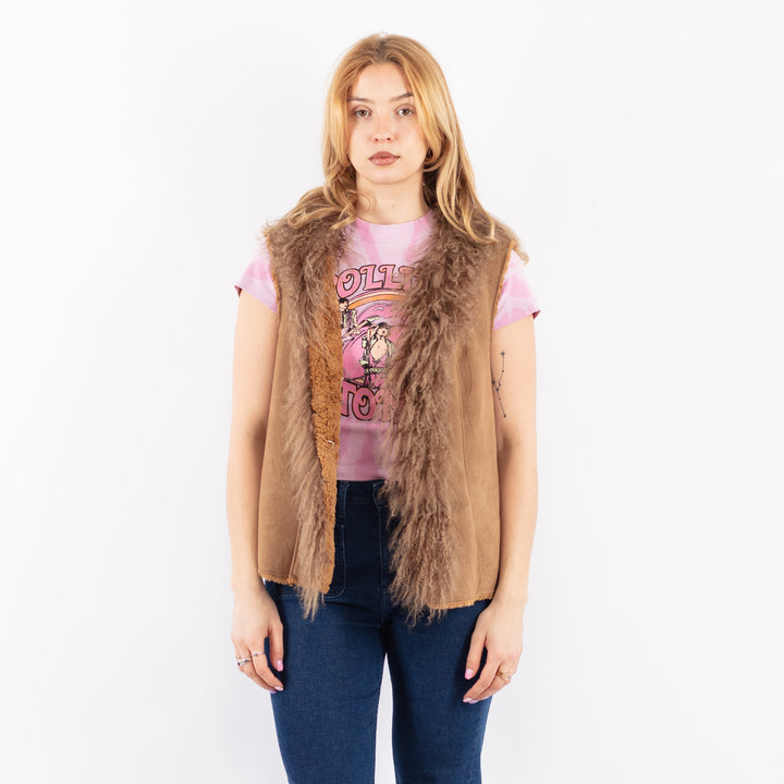 Vintage 90's Women Faux Sheepskin Vest in BrownV9637