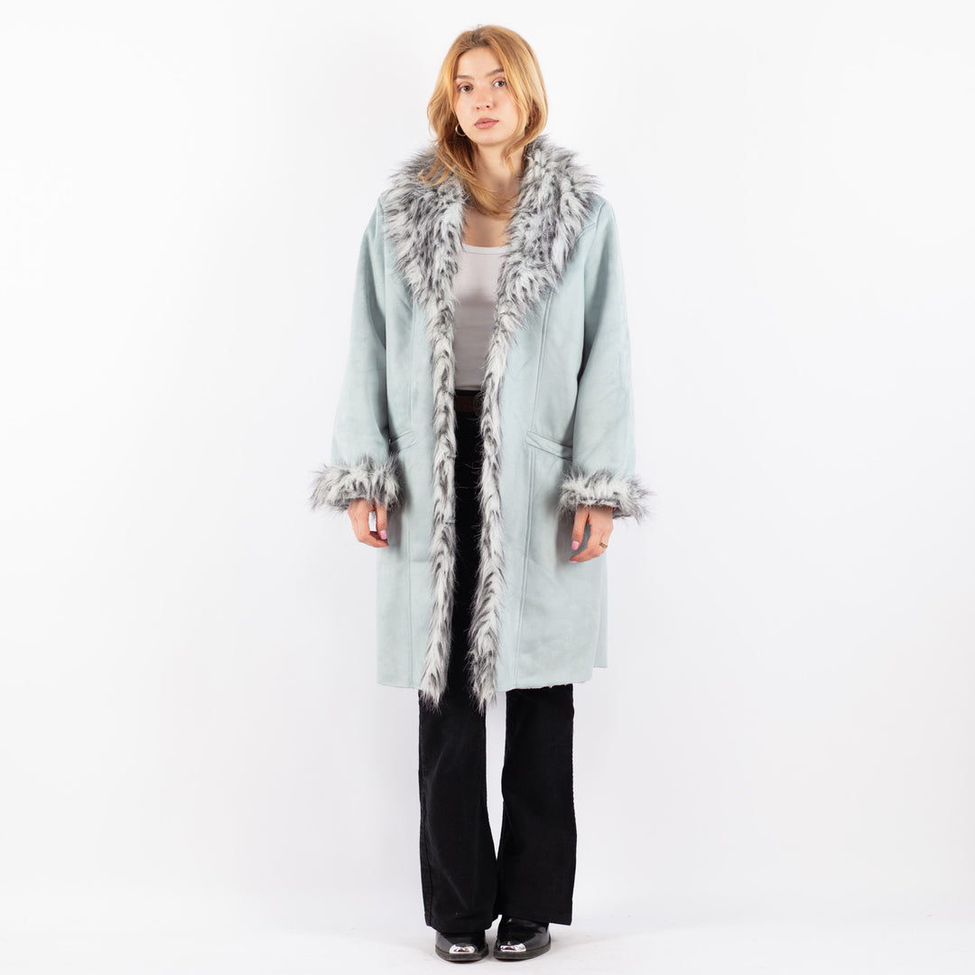 Vintage 90's Women Faux Sheepskin Coat in BlueV9740