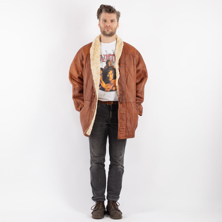 Vintage 80's Men Sheepskin Shearling Coat in BrownZ626