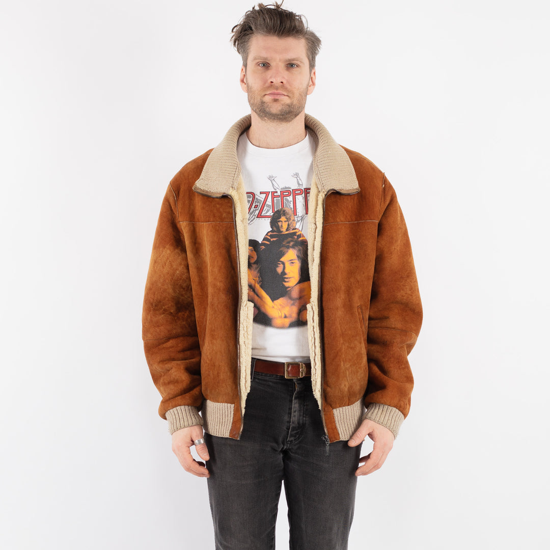 Vintage 90's Men Sheepskin Bomber Jacket in Brown - NorthernGrip