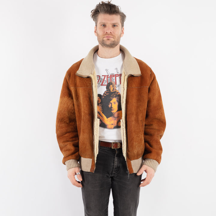Vintage 90's Men Sheepskin Bomber Jacket in Brown - NorthernGrip