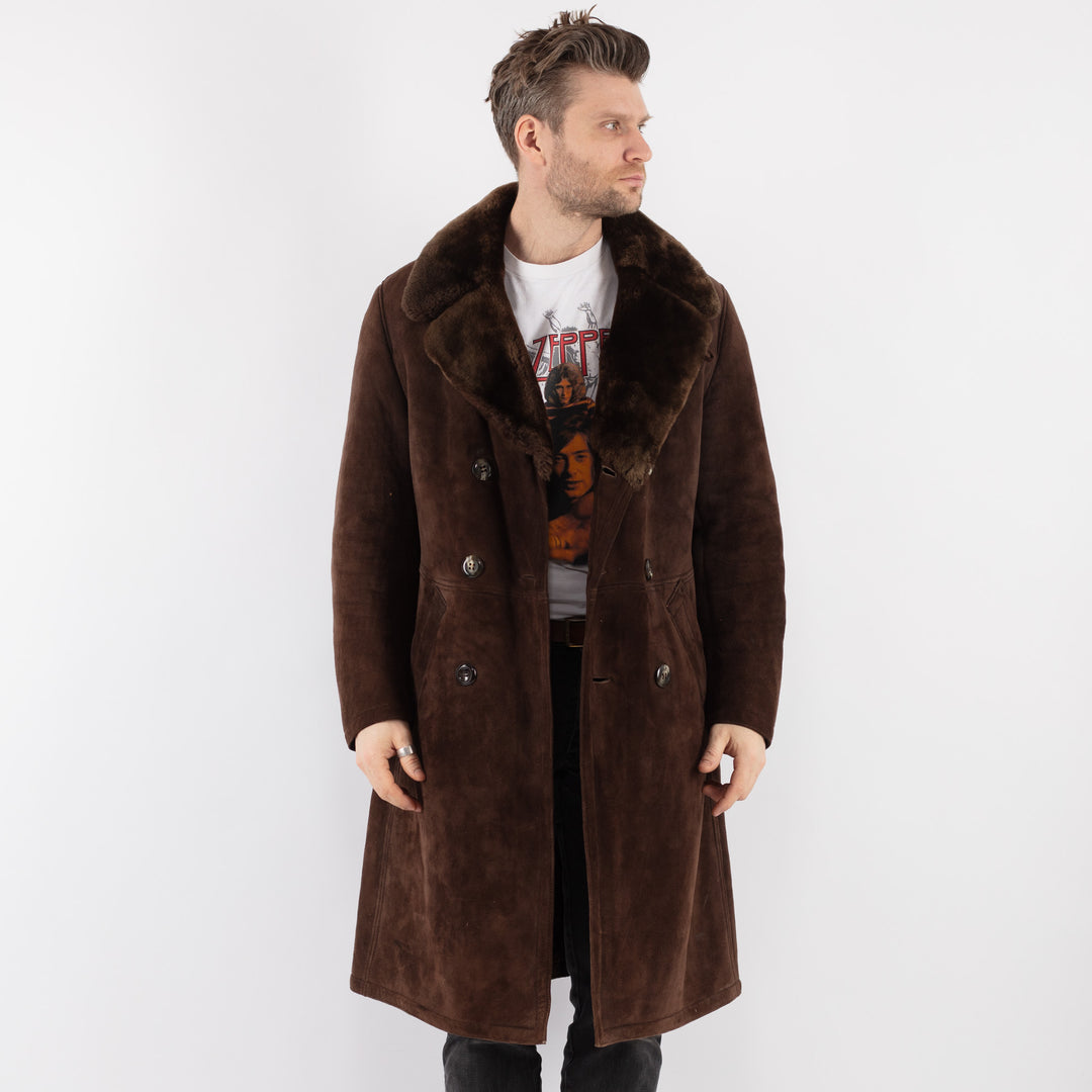 Vintage 70's Men Sheepskin Shearling Coat in Brown - NorthernGrip