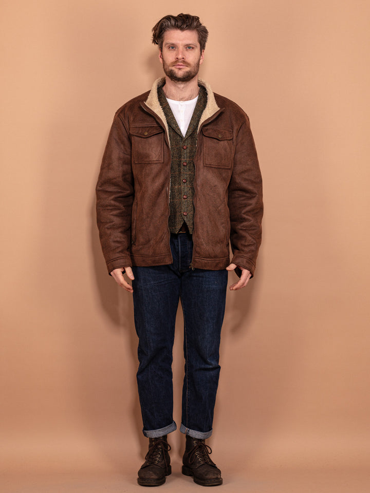 Vintage 00's Men Faux Shearling Jacket in Brown - NorthernGrip