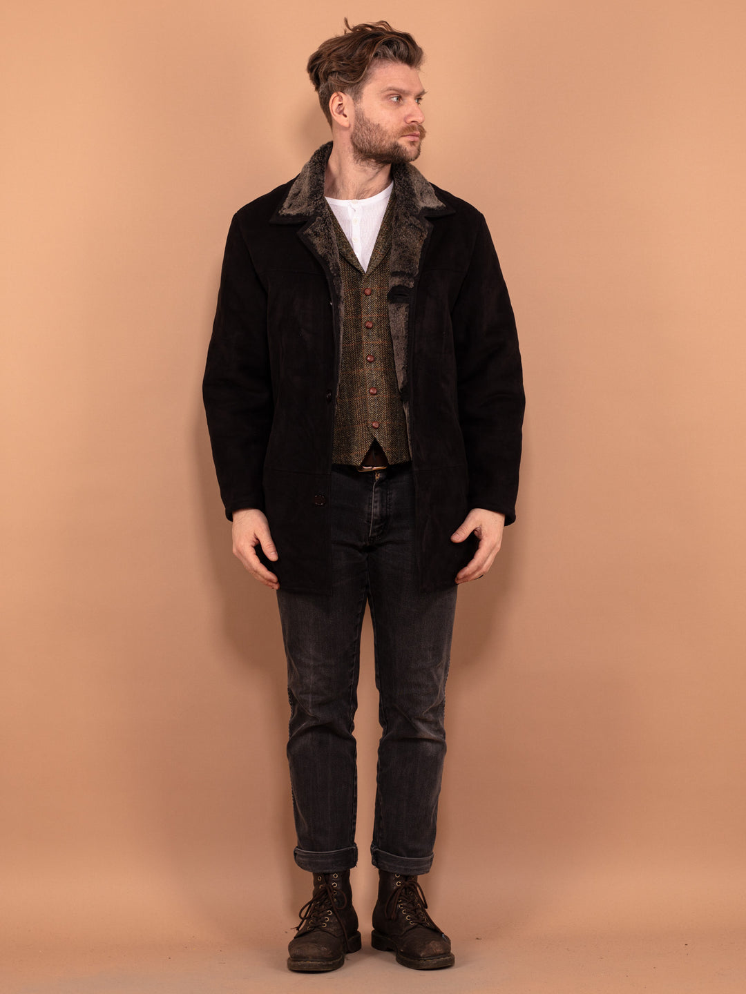 Vintage 00's Men Faux Sheepskin Coat in Black - NorthernGrip