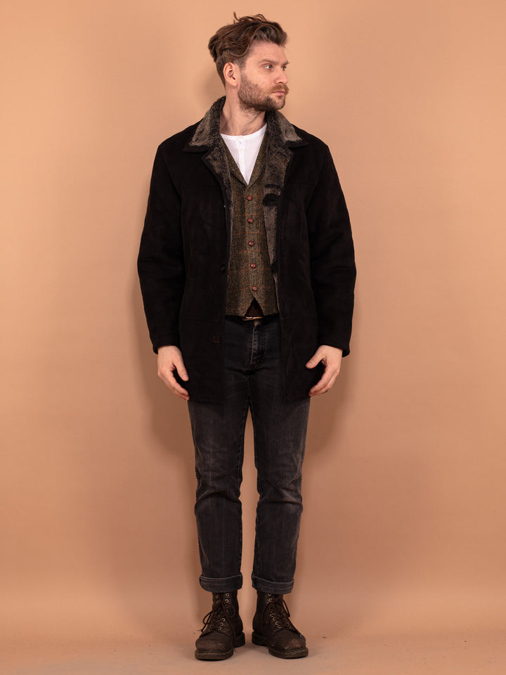 Vintage 00's Men Faux Sheepskin Coat in Black - NorthernGrip